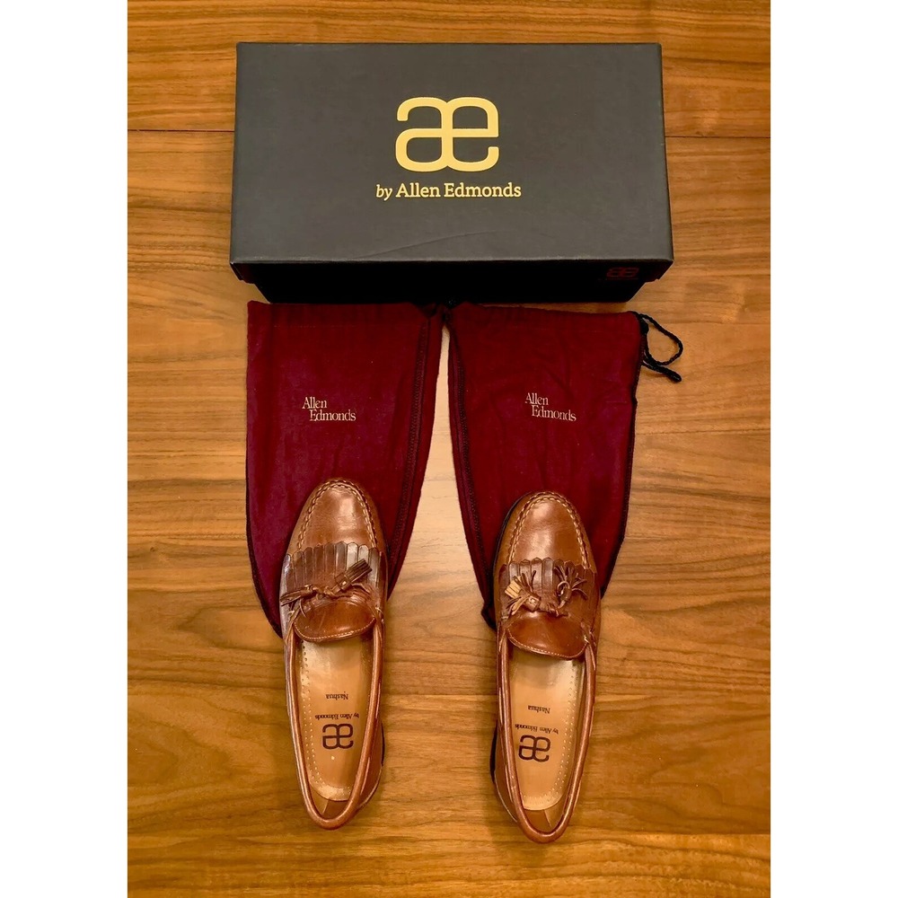 Allen Edmonds Nashua Loafers Mens 9.5 D Tan Leather Shoes USA Kiltie Tassel Box
